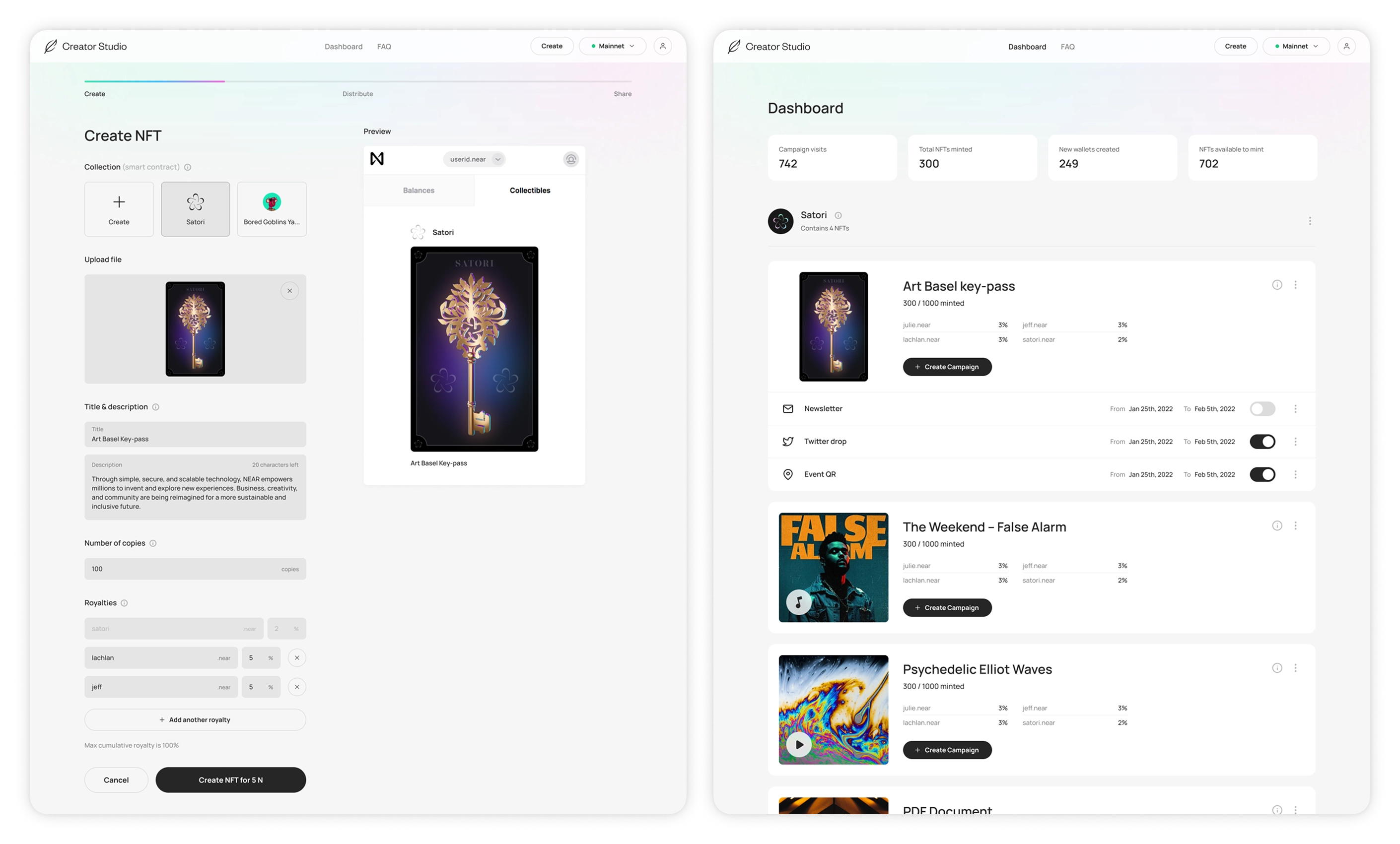 Creator Studio: creating an NFT and the dashboard