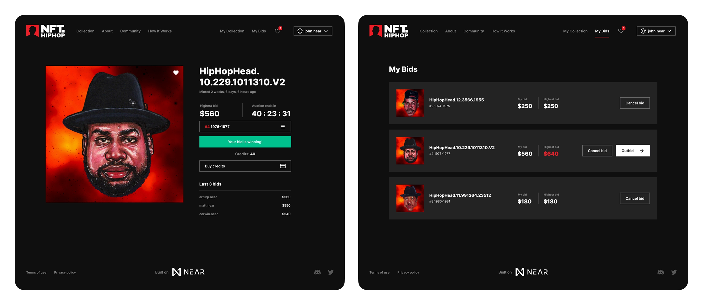 NFT.HipHop: bidding and my bids