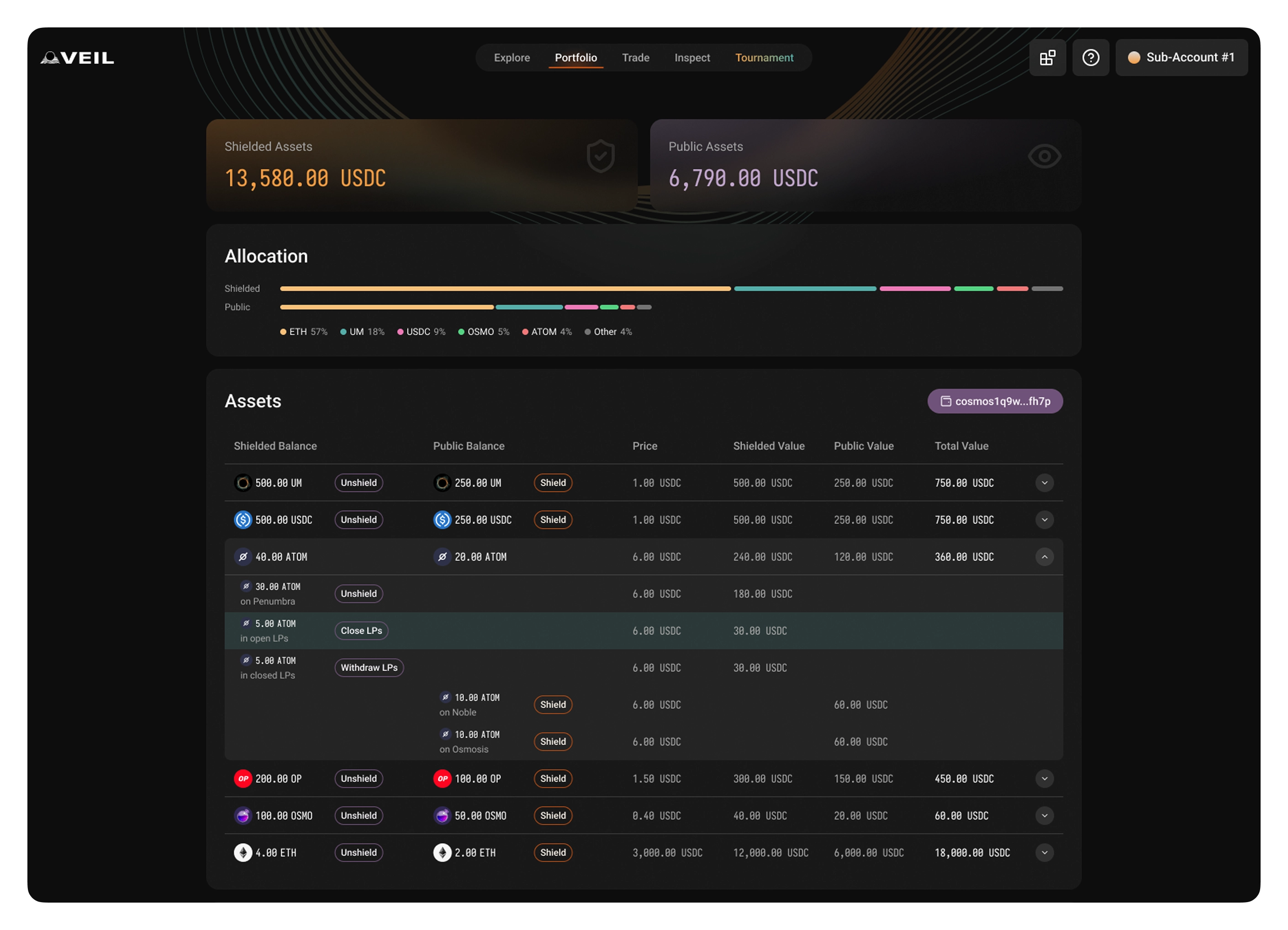 Veil: portfolio with shielded and public balances