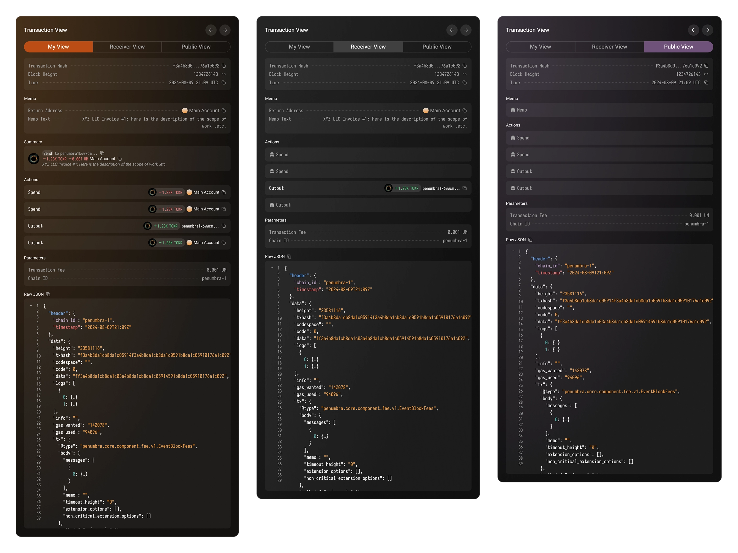 Veil: one transaction in three views, mine, receiver and public