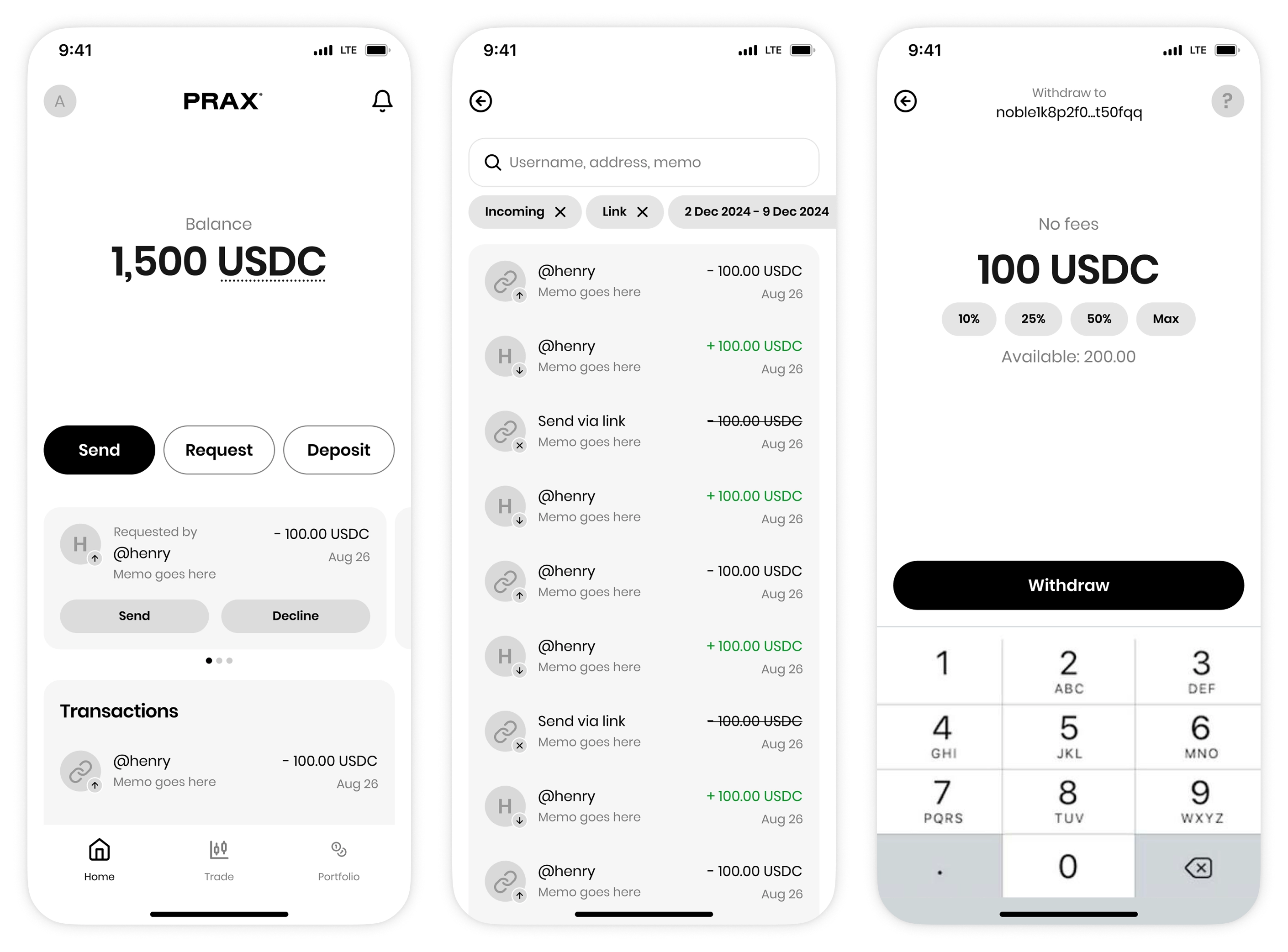 Prax wallet wireframes: home, history and withdrawal
