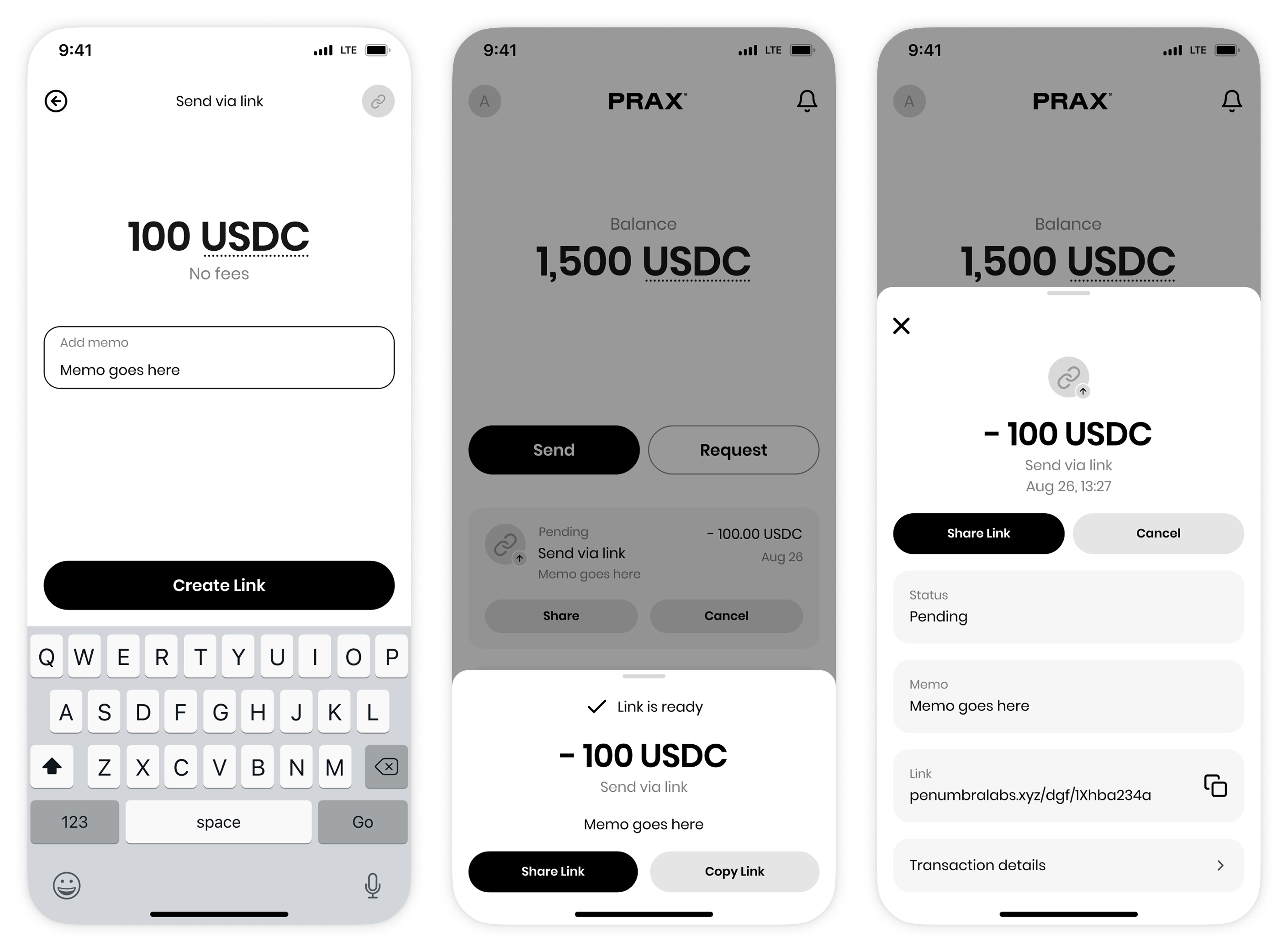 Prax wallet wireframes: sending money via link